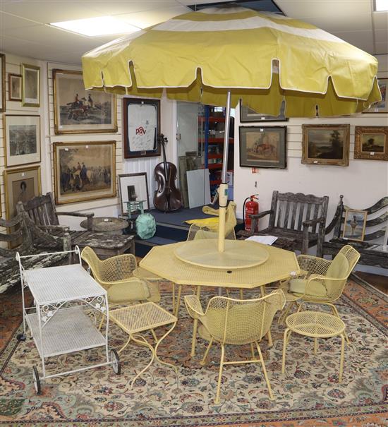 A Russell Woodard style ten piece sculptured wire garden set with a Finkel crank parasol and white wirework two tier trolley Octagonal